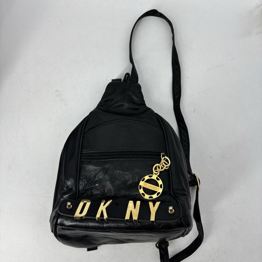 Vintage DKNY Black Leather Mini Backpack Gold Logo Hardware Y2K 90s Bag
